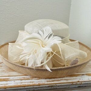 Ivory Straw Derby Hat with Feather Accent